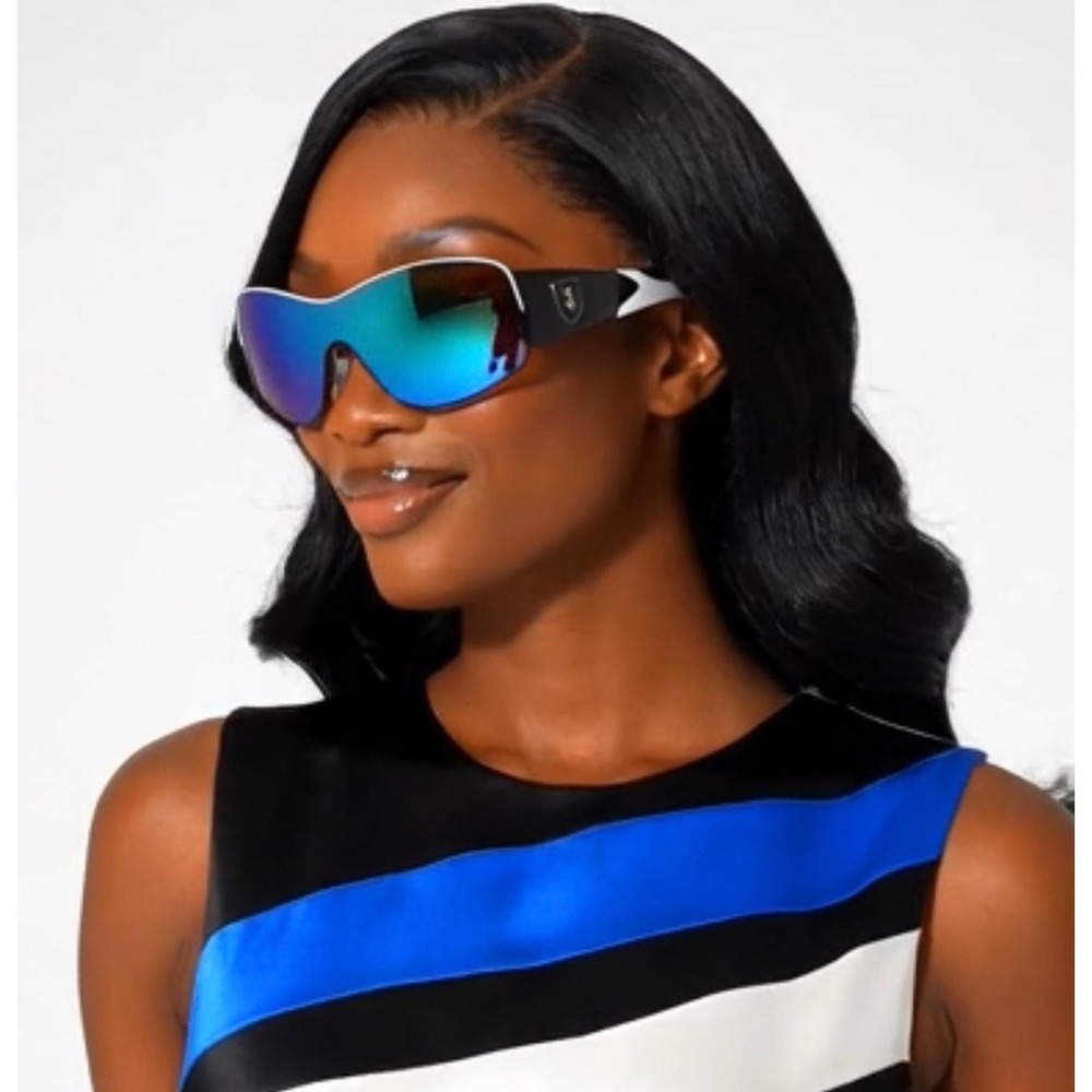 Futuristic Blue Mirror Shield‎ Sunglasses Black White Wrap Around UV400 Shades